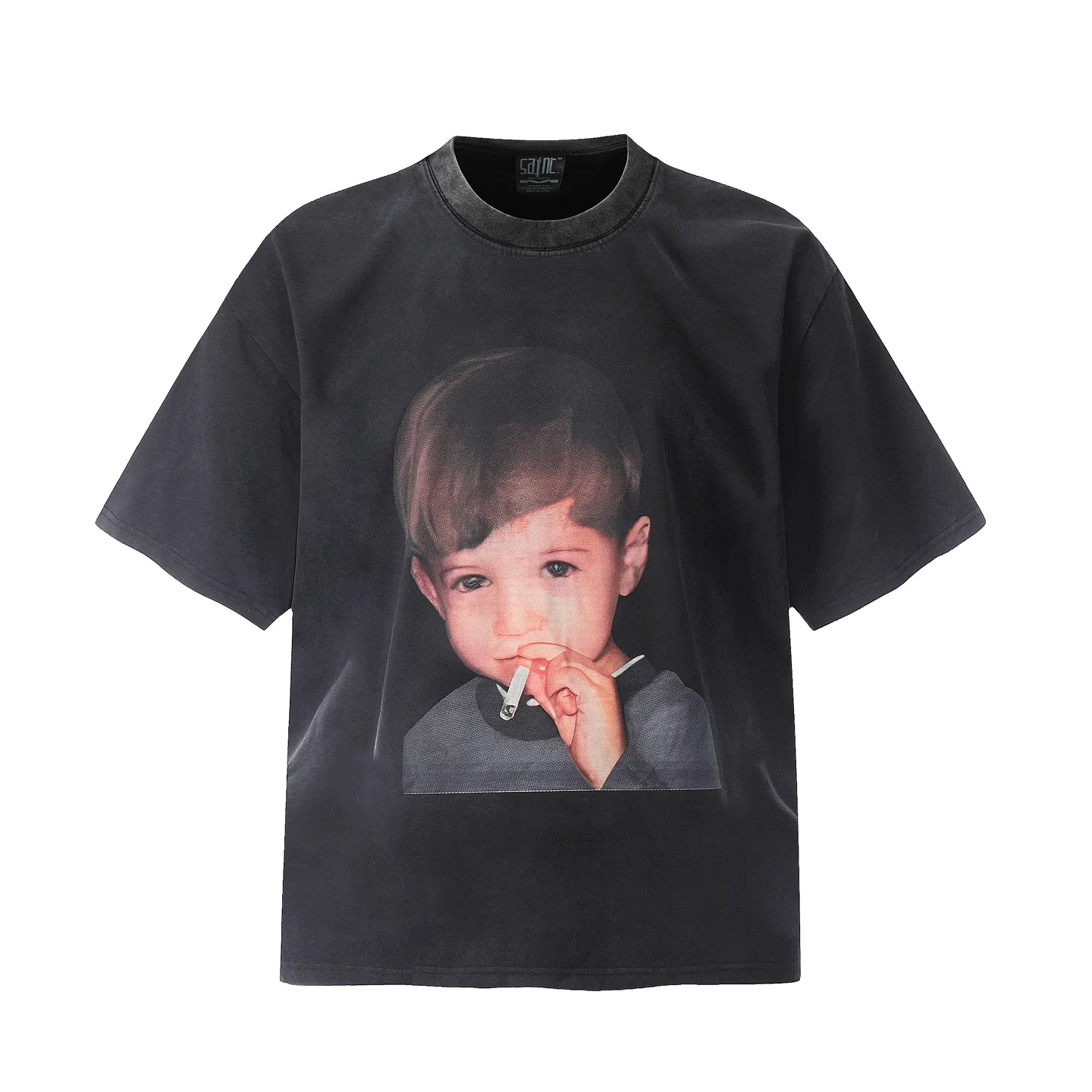 VT9208 P130💰 Saint Michael European and American Smoking Boy Portrait Retro Washed Old Short Sleeve T-shirt Small Neck Design White Ink Digital Direct Printing High Street Retro Heavy Duty Washed Vintage Short Sleeve Size: S M L XL